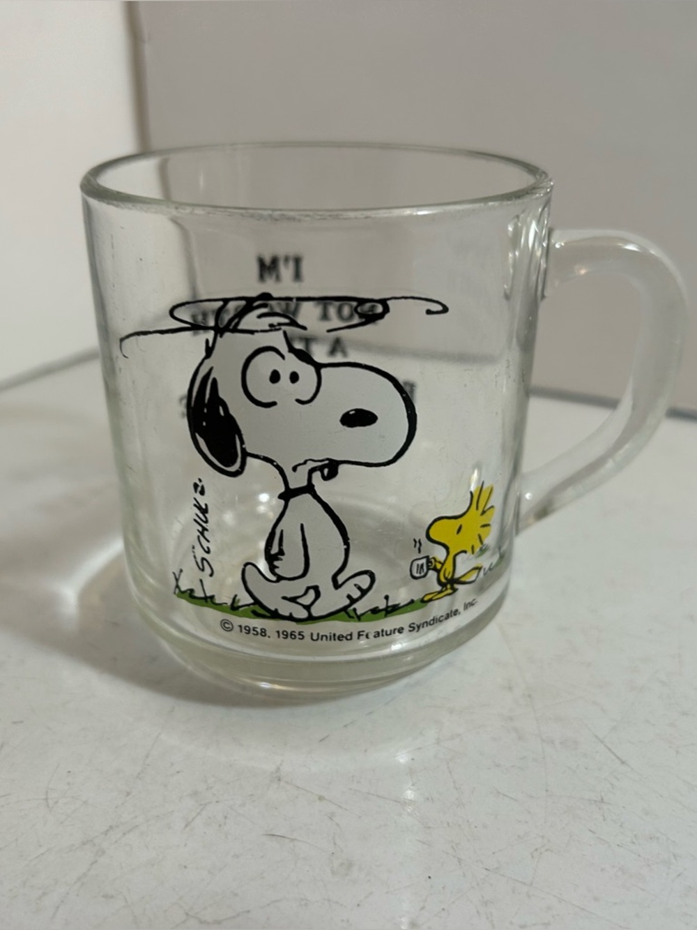 Vintage Charles M. Schulz Peanuts snoopy and‎ Woodstock clear glass coffee mug
